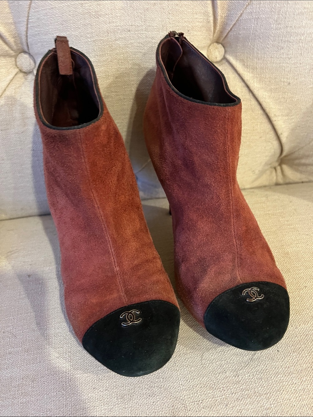 CHANEL Burgundy Suede Ankle Boots with Black Cap Toe